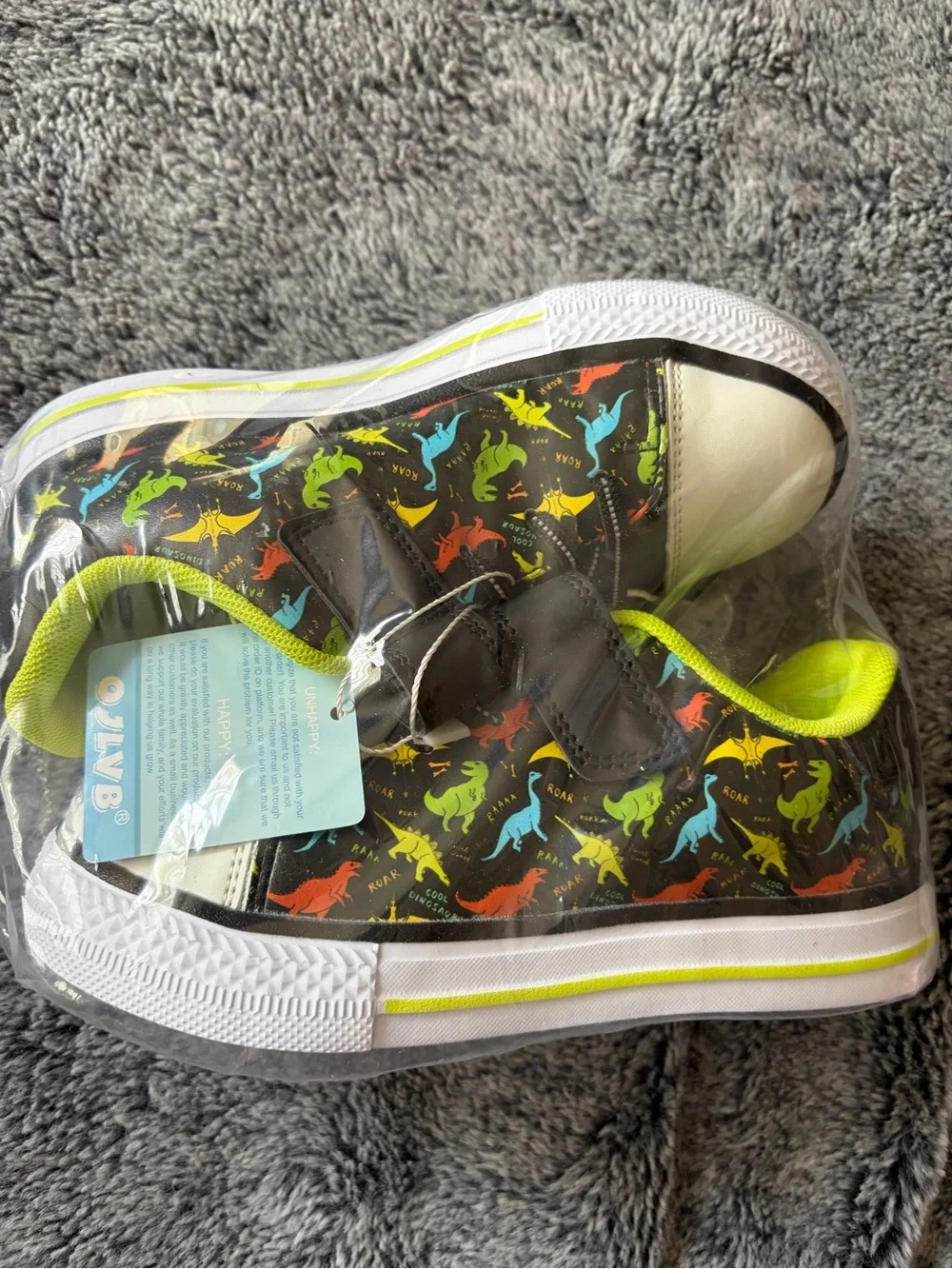 Kids Black Dinosaur Print Velcro Sneakers with Neon Trim